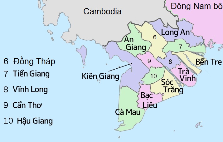 Bản đồ các tỉnh tại Đồng bằng sông Cửu Long