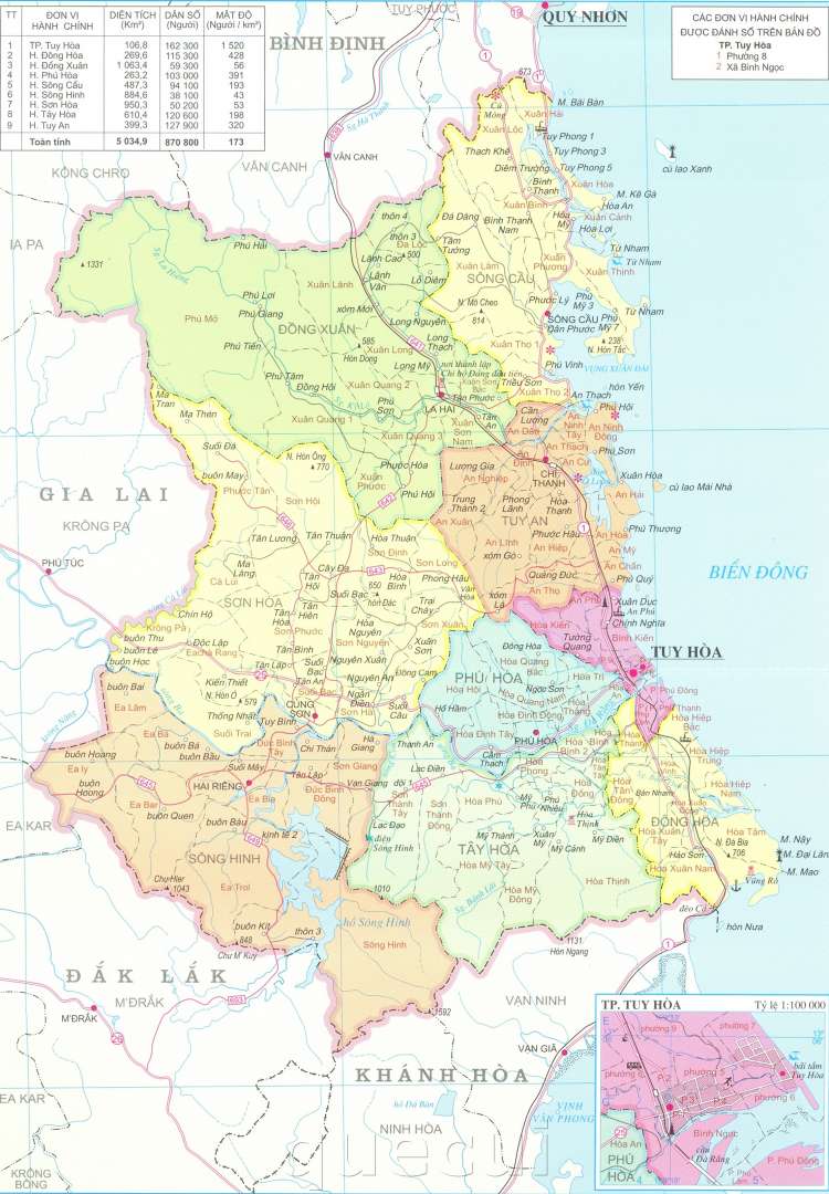 Bản đồ hành chính các xã, huyện, thành phố tại tỉnh Phú Yên năm 2021