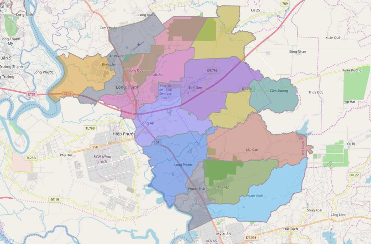 Bản đồ hành chính vị trí các xã tại Huyện Long Thành năm 2022
