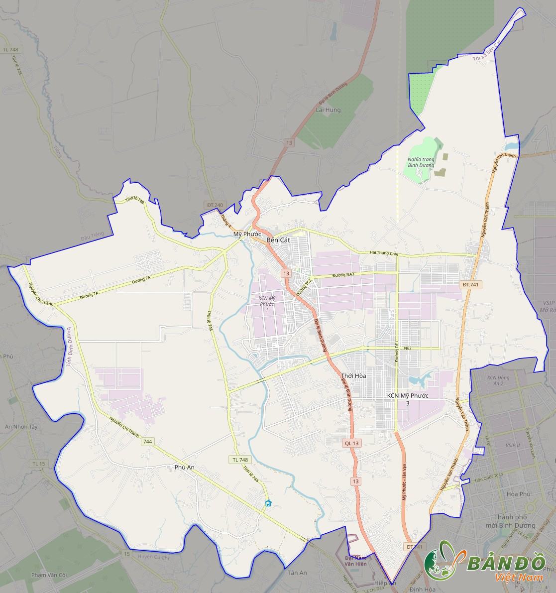 Bản đồ Thị xã Bến Cát trên nền tảng Open Street Map