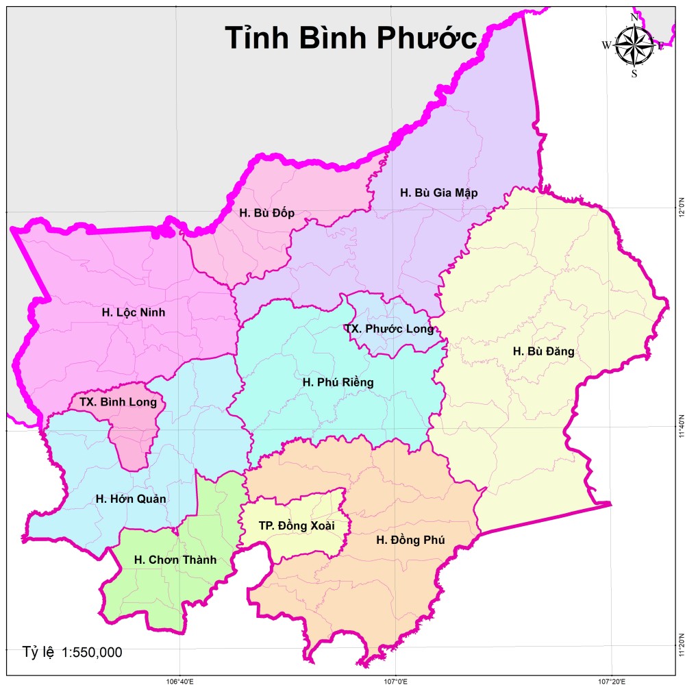 Bản đồ các huyện, xã, thành phố tại Tỉnh Bình Phước