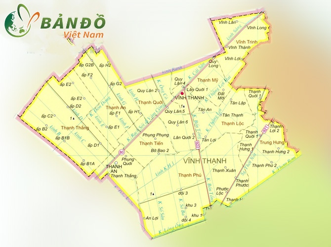 Bản đồ hành chính các xã và thị trấn tại Huyện Vĩnh Thạnh hiện nay