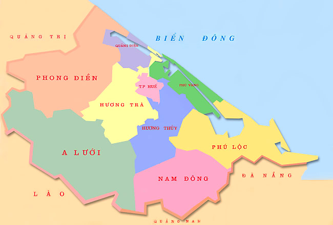 Bản đồ đơn vị hành chính các huyện và thành phố ở tỉnh Thừa Thiên Huế