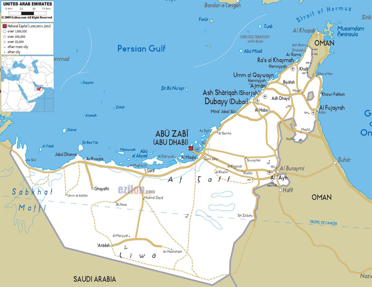 Bản đồ nước Tiểu Vương quốc Ả Rập Thống nhất (UAE Map) năm 2022