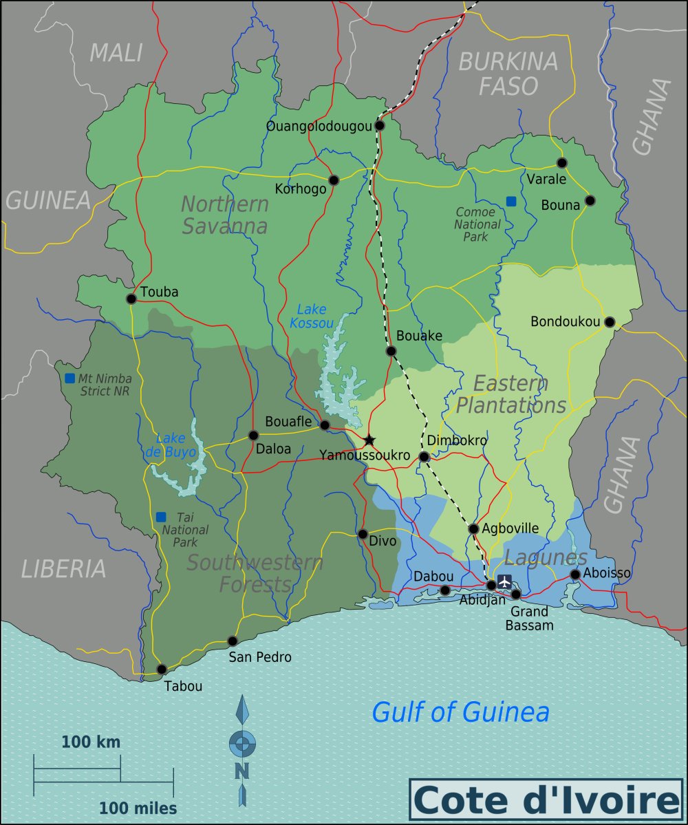 Bản đồ đất nước Bờ Biển Ngà (Côte d'Ivoire) năm 2022