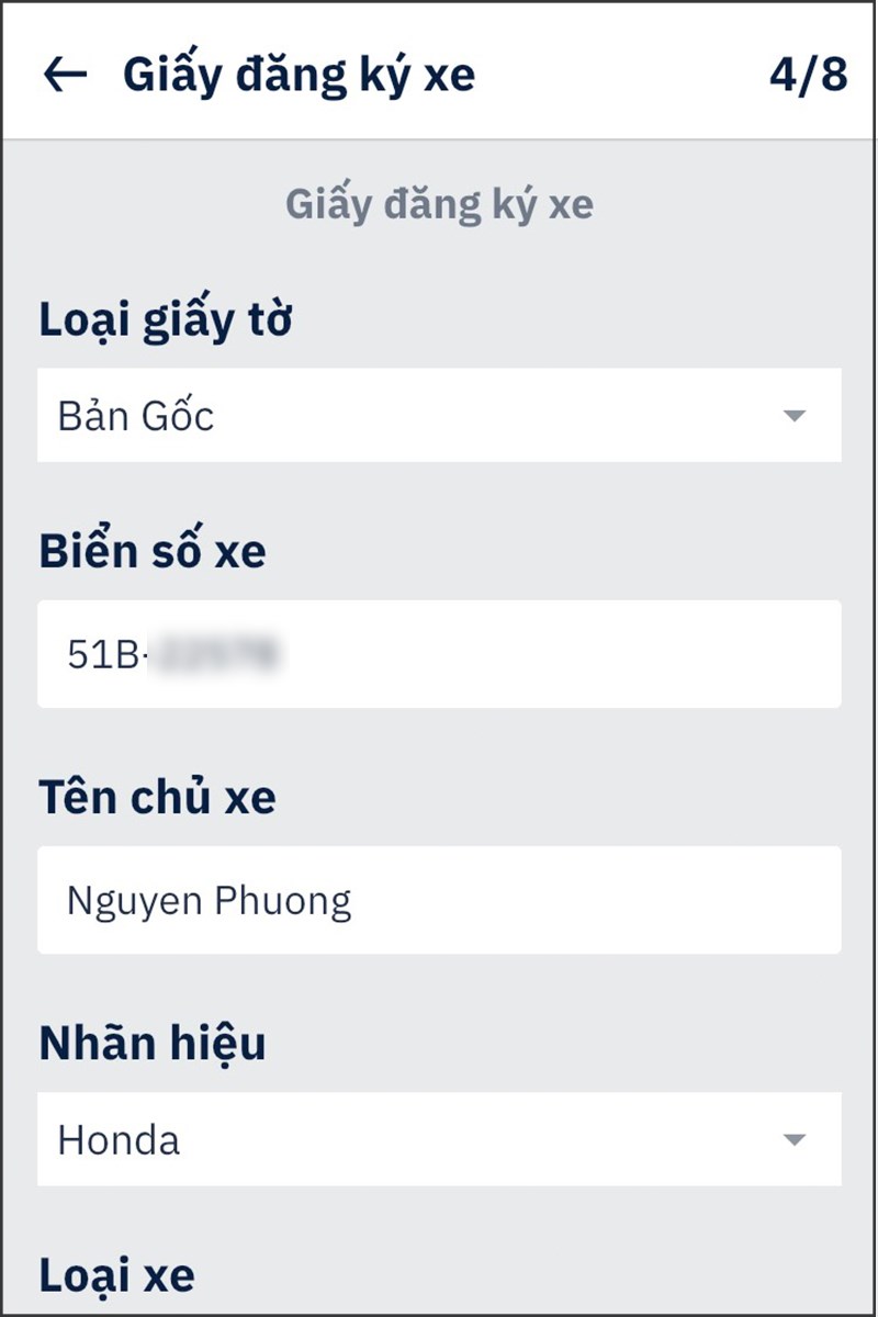 Điền các loại giấy tờ, biển số xe, tên chủ xe, nhãn hiệu và loại xe của mình Điền các loại giấy tờ, biển số xe, tên chủ xe, nhãn hiệu và loại xe của mình