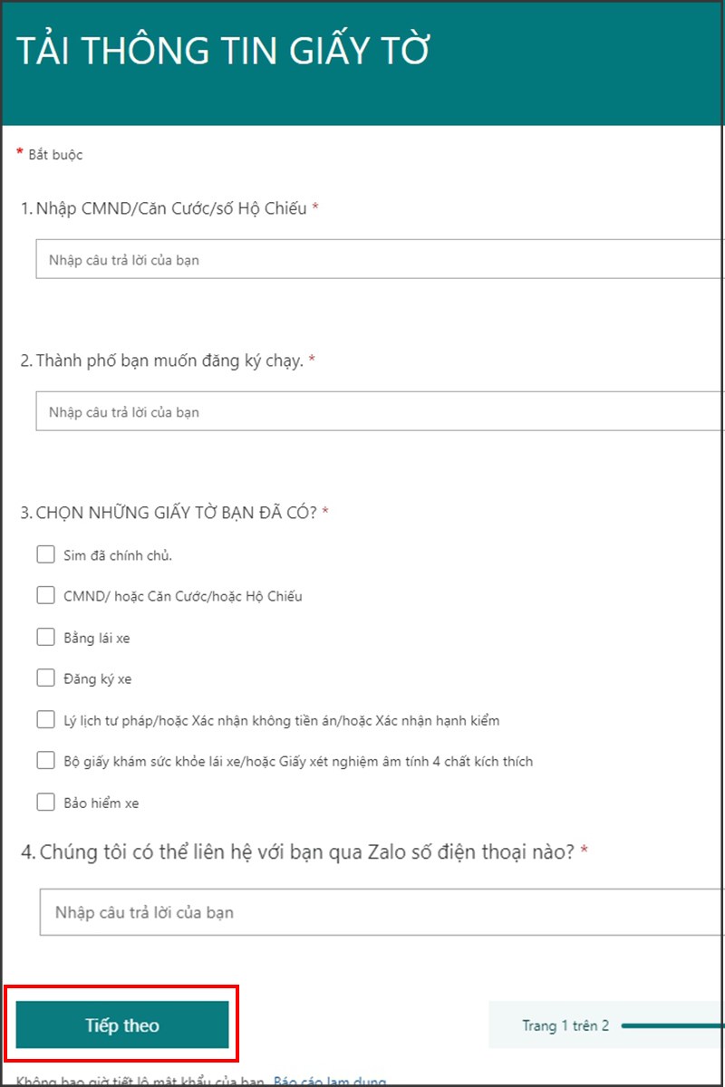 Điền thông tin giấy tờ Điền thông tin giấy tờ