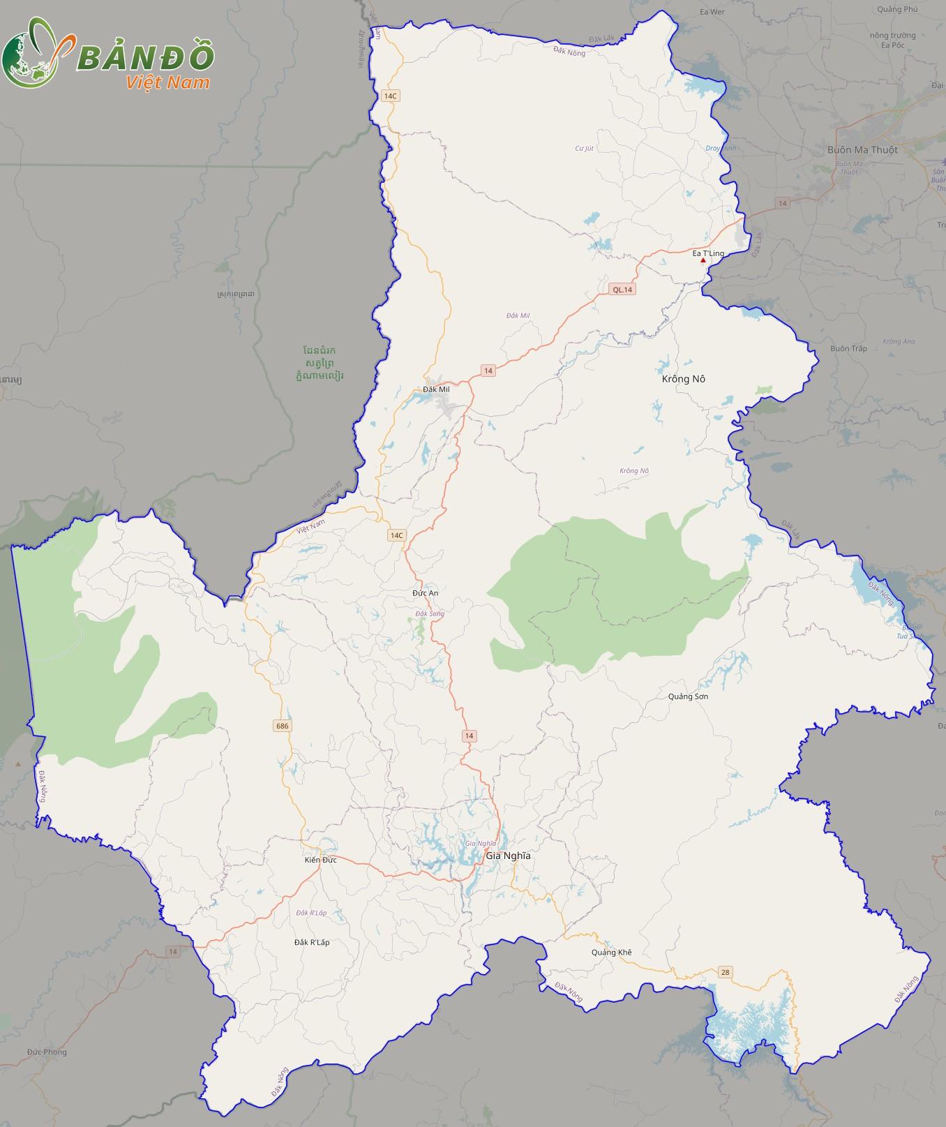 Bản đồ tỉnh Đắk Nông ở trên nền tảng Open Street Map