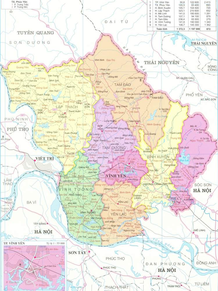 Bản đồ hành chính tỉnh Vĩnh Phúc năm 2022