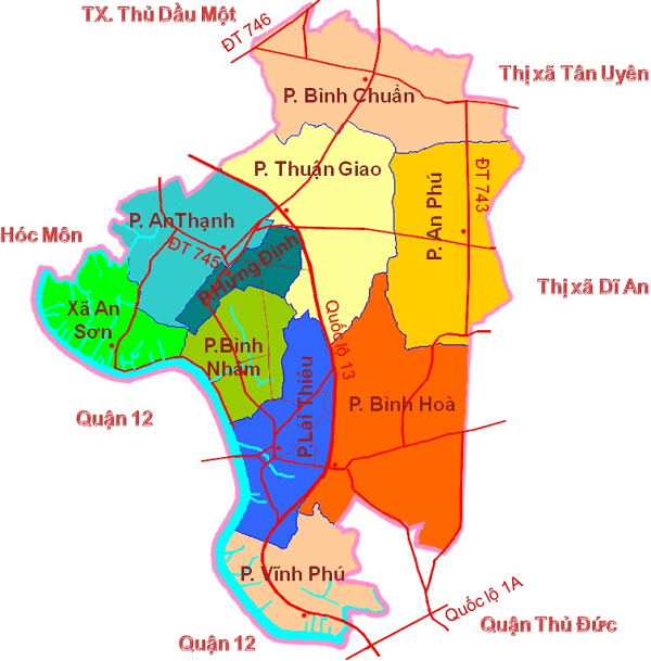 Bản đồ hành chính của Thuận An Bình Dương có những địa điểm nào?