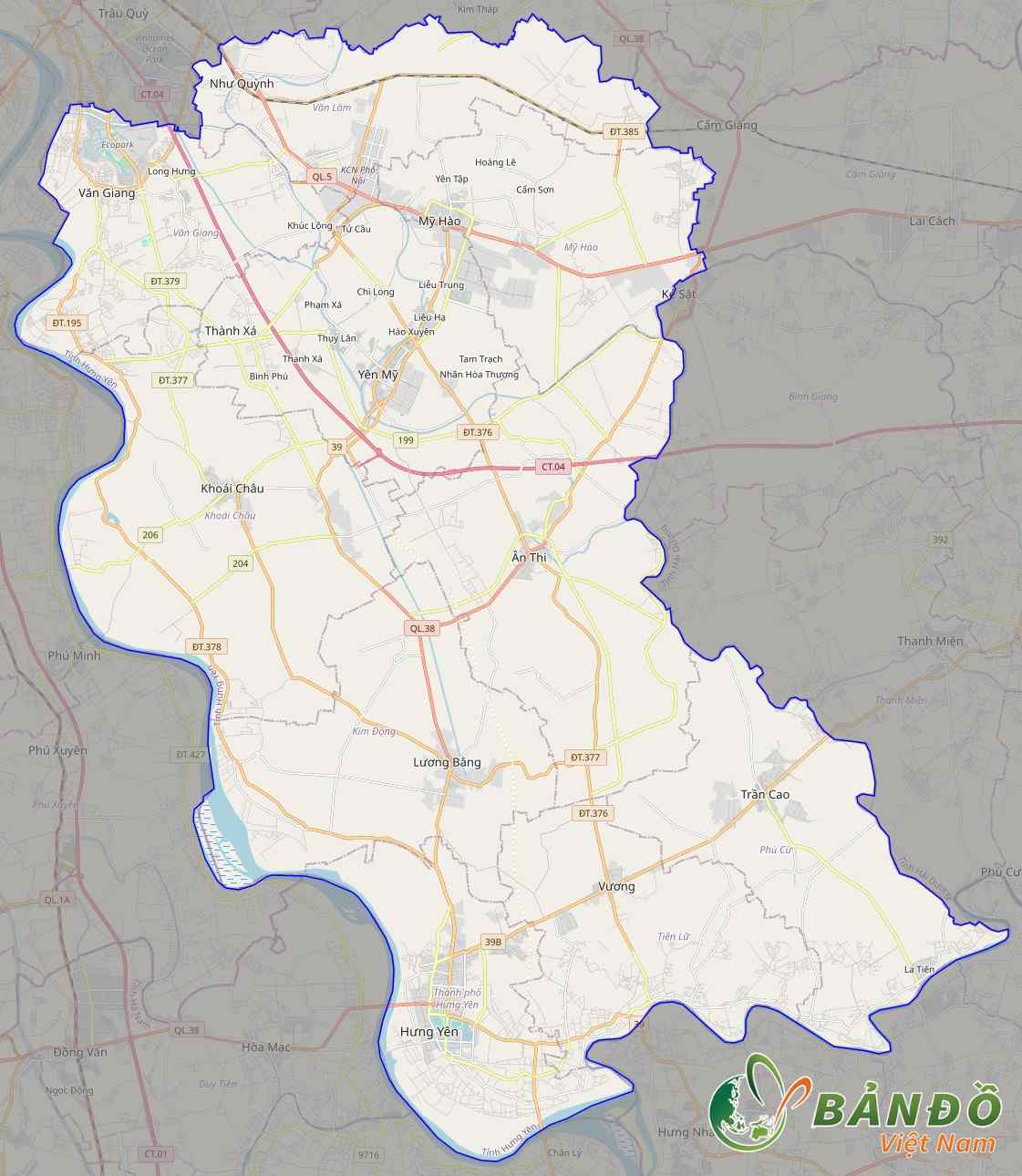 Bản đồ Tỉnh Hưng Yên trên nền Open Street Map