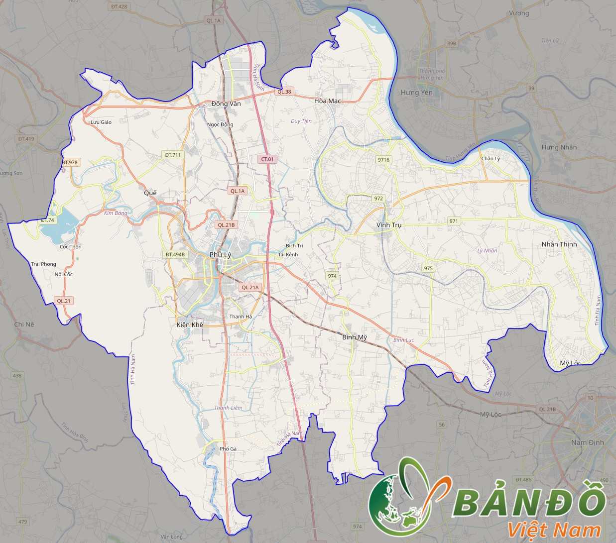 Bản đồ tỉnh Hà Nam trên nền Open Street Map