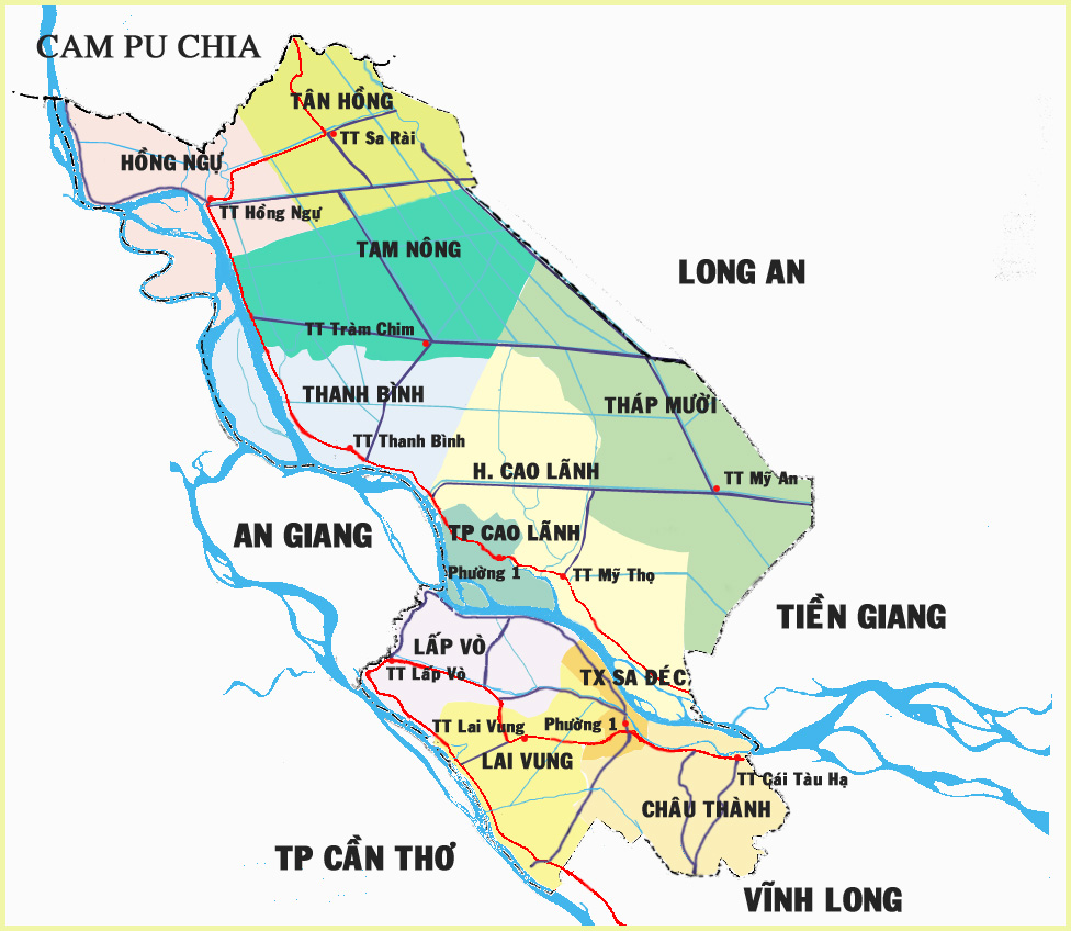 Vị trí toạ độ của tỉnh Đồng Tháp trên vùng Đồng bằng sông Cửu Long