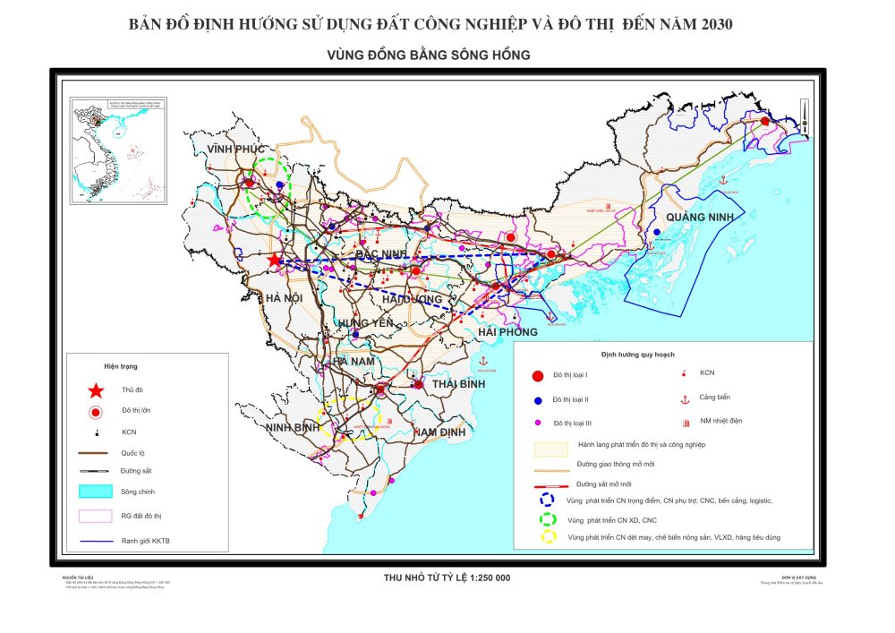 Bản đồ định hướng sử dụng đất công nghiệp và đô thị tại vùng Đồng bằng Sông Hồng đến năm 2030