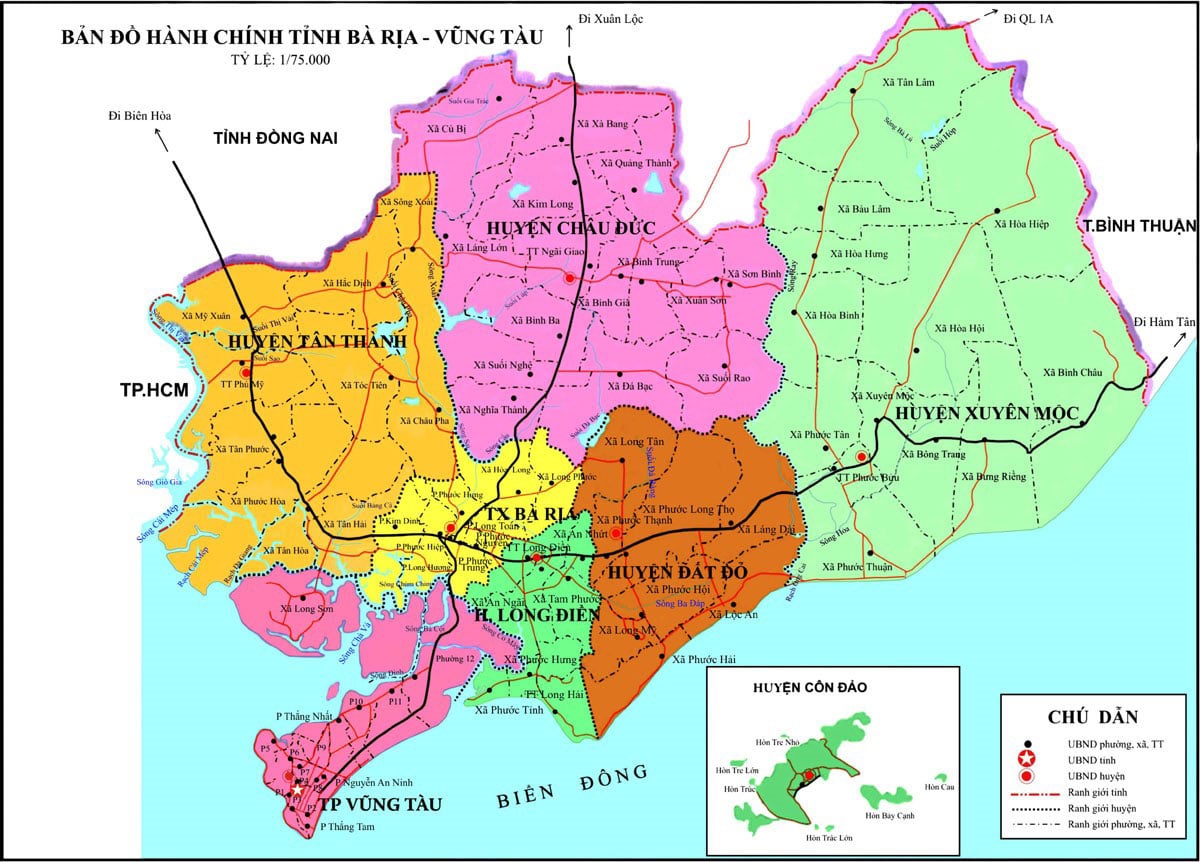 Bản đồ hành chính tỉnh Bà Rịa - Vũng Tàu (tỷ lệ 1/75.000)