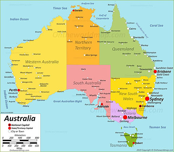 Bản đồ Úc theo Vùng: Đông, Tây, Nam, Bắc.