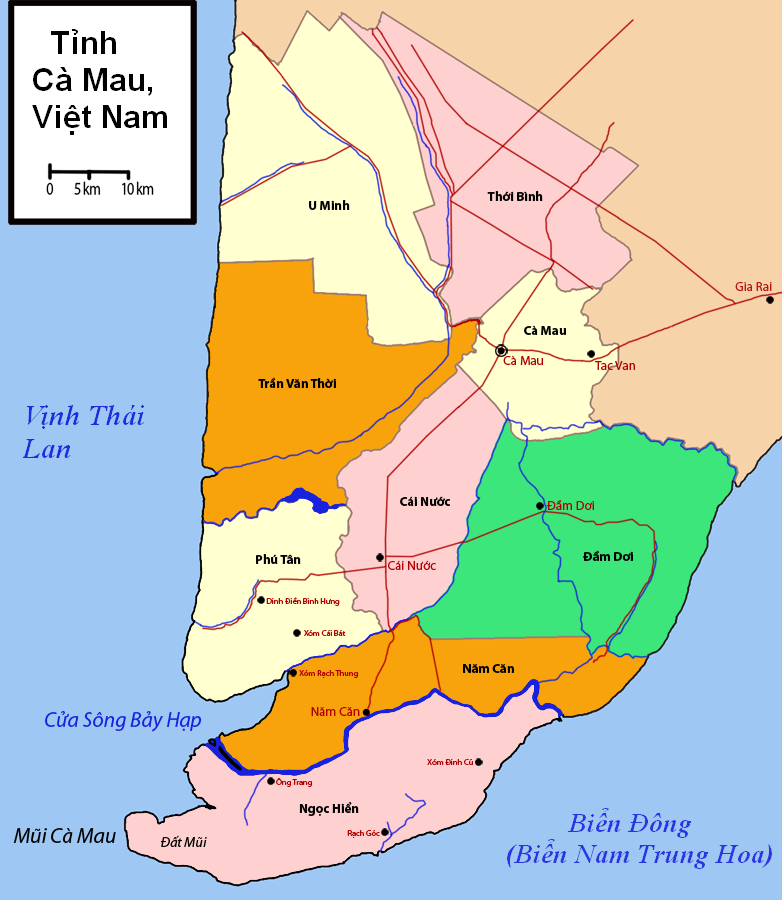 Bản đồ vị trí các huyện và thành phố tại tỉnh Cà Mau