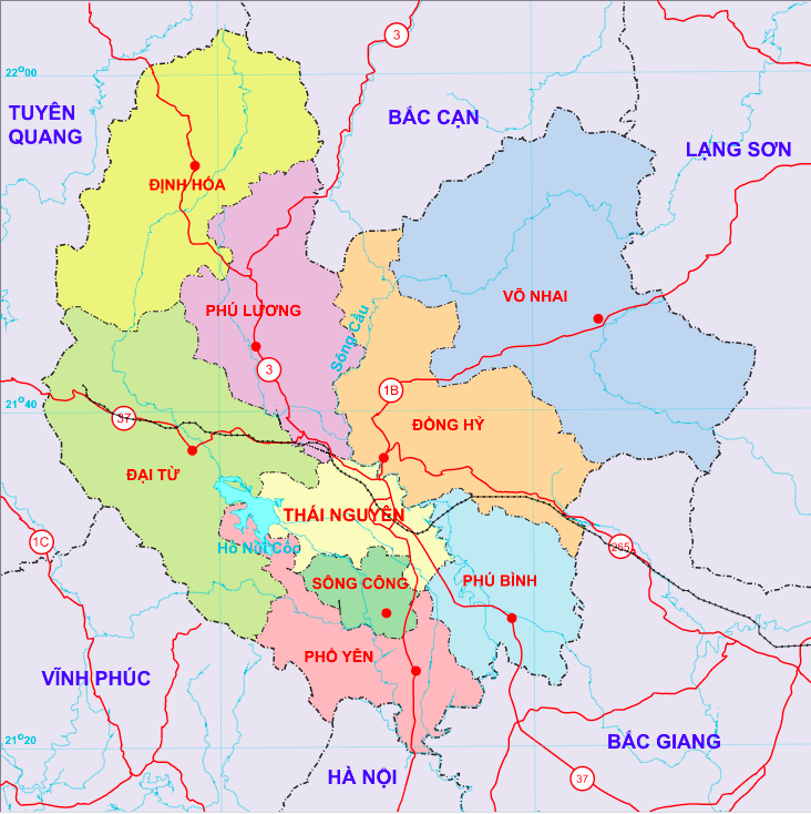 Bản đồ vị trí ranh giới với các tỉnh lân cận của tỉnh Thái Nguyên