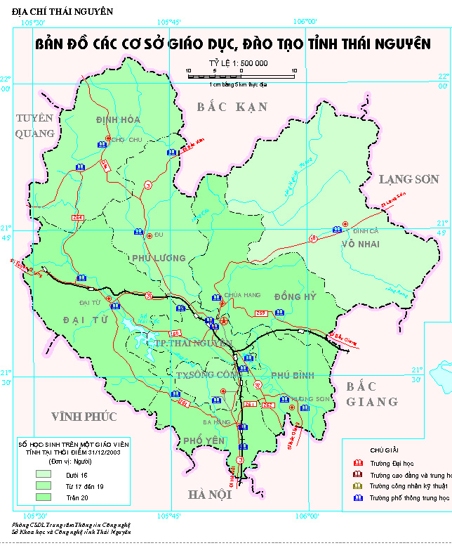 Bản đồ các cơ sở giao dục tại tỉnh Thái Nguyên